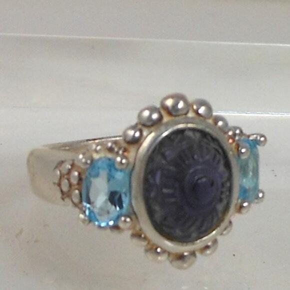 Handcrafted Vintage Blue Topaz Sterling Silver Ring Carved Chalcedony Size 4.5 - Picture 1 of 7